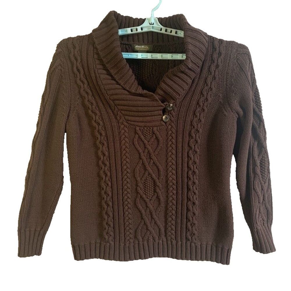 Vintage Eddie Bauer Women's Sweater 2 XL Brown Cable Knit Chunky Cotton V-Neck